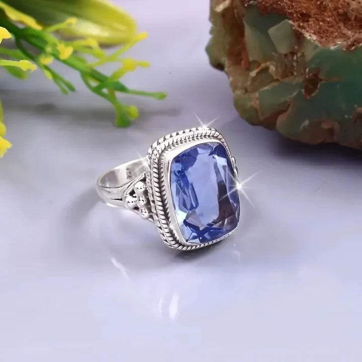 Blue Temper Glass Silver Ring
