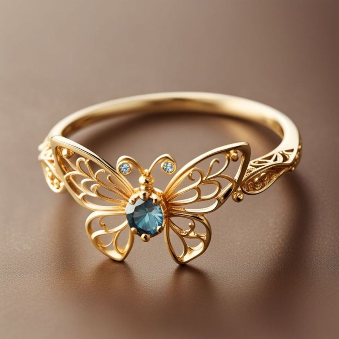 Exotic Golden Blue Inlaid Crystal Butterfly Ring